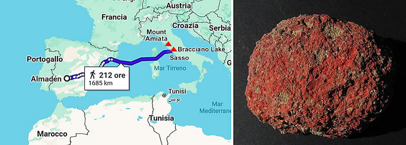 Trade route of Cinnabar and a nodule found at Monte Amiata, Toscana, Italy