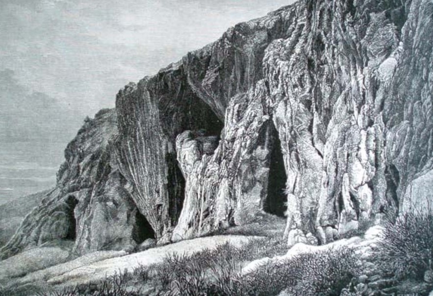 The Balzi Rossi caves in 1877, before the Nice-Ventimiglia railway works, engraving by Sorrieu based on a photograph by Émile Rivière (ph. V. Formicoli et al., 2015)