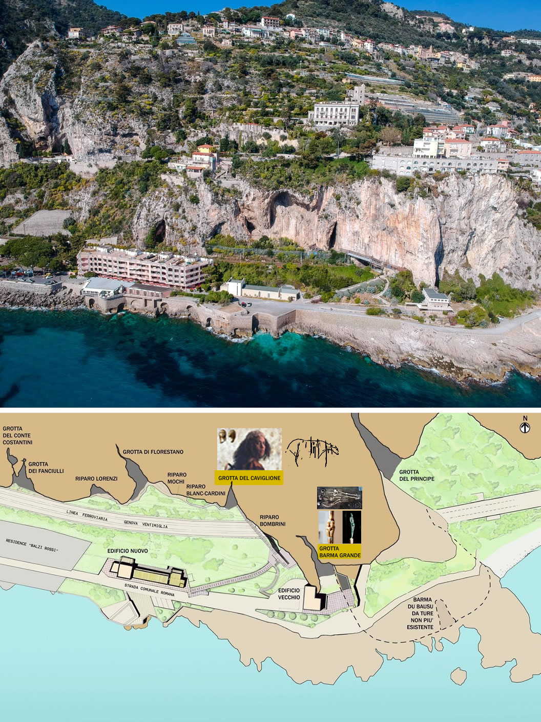 Floor plan of the Grimaldi Caves (ph. L. Malpieri et al., 1968) and panoramic view of the Balzi Rossi site