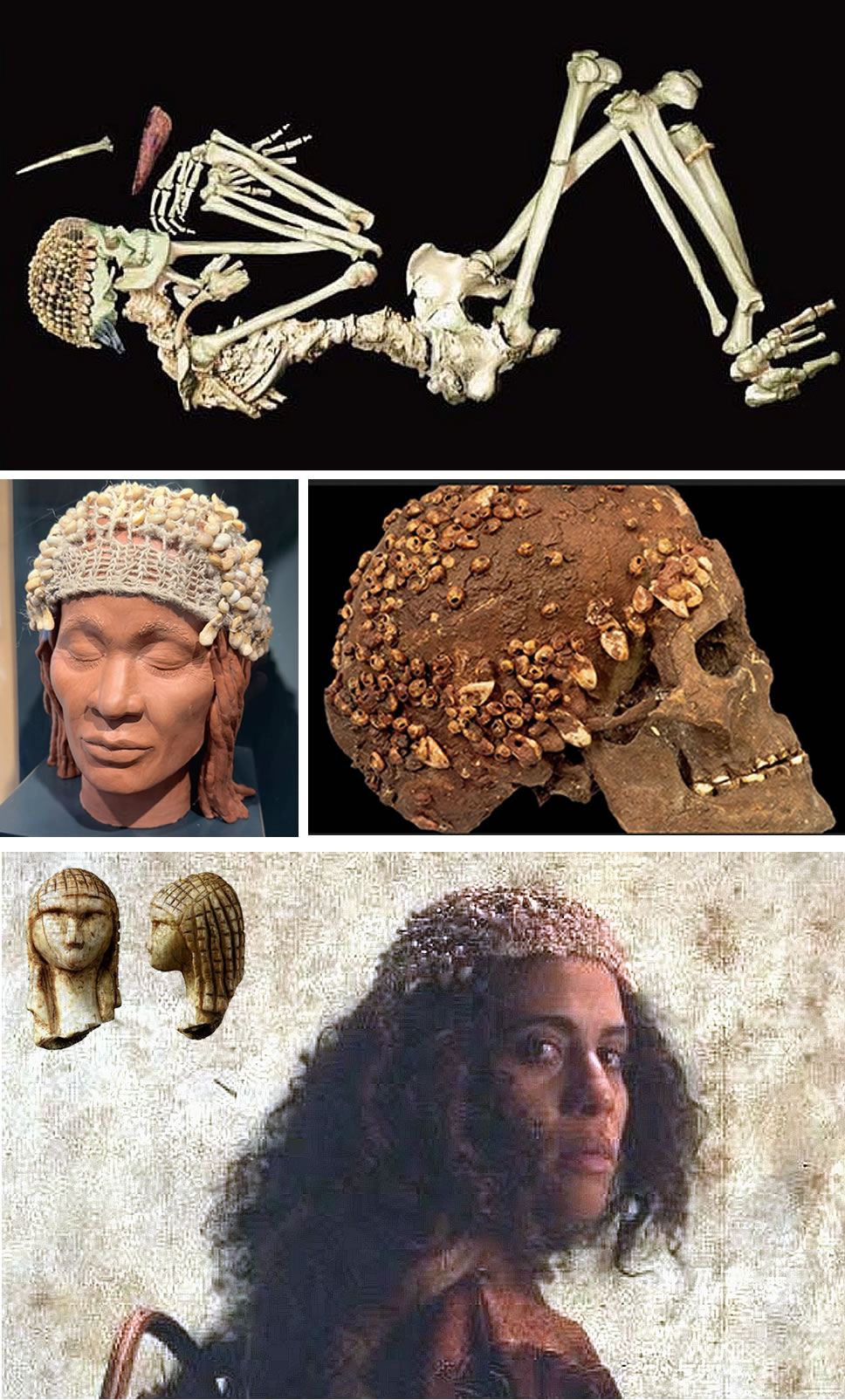 The burial of the Woman of Menton, discovered by Émile Rivière on March 26, 1872, in the Caviglione Cave (ph. T. Chevalier et al., 2016) and the facial reconstruction and headdress of the Dame du Cavillon
