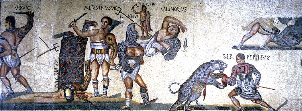 Floor Mosaic with Gladiators and Hunters