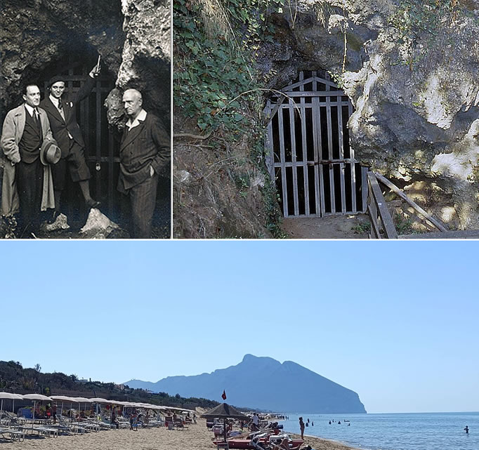 Luigi Cardini, Alberto Carlo Blanc, and Alessandro Guattari in front of the entrance to Guattari Cave.