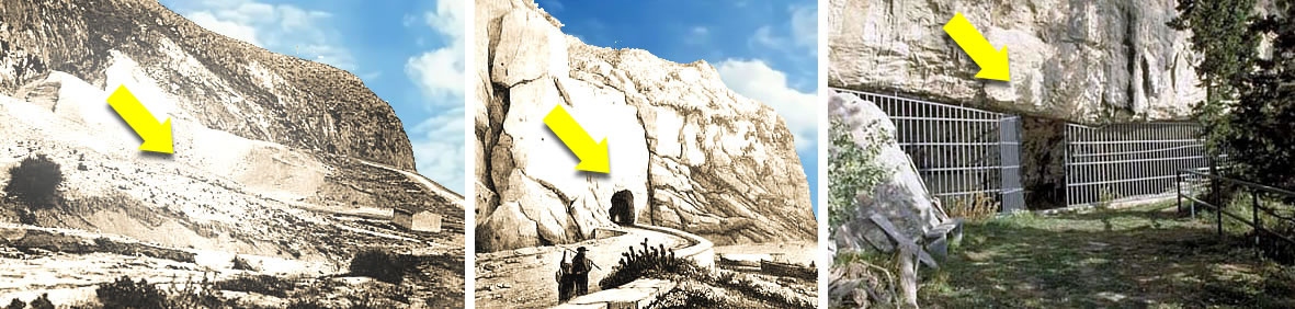 Entrance of the Cavern of the White Sands (the dune that once extended from the slopes of the cave down to the seashore; the cave entrance in 1929 and today)