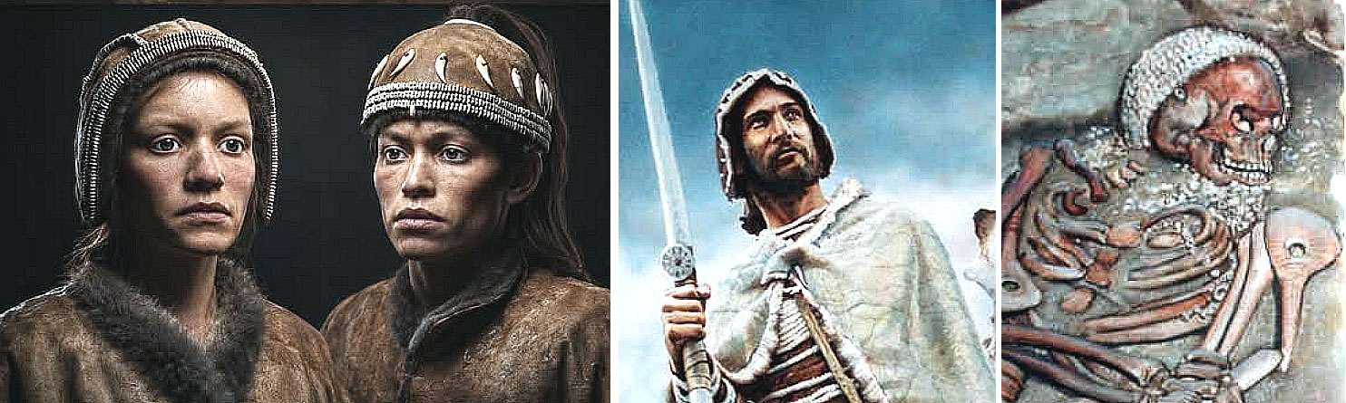 Graphic reconstruction of the man and the two young children from Sunghir