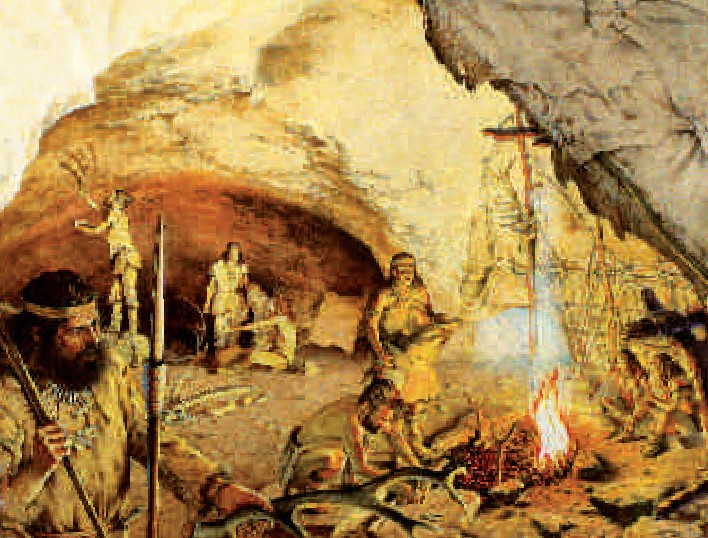 Reconstruction of a moment in the life of the first Sapiens at the Fumane Cave. In the foreground are two javelins armed with animal bone points, also known as zagaglie (drawing by M. Cutrona).