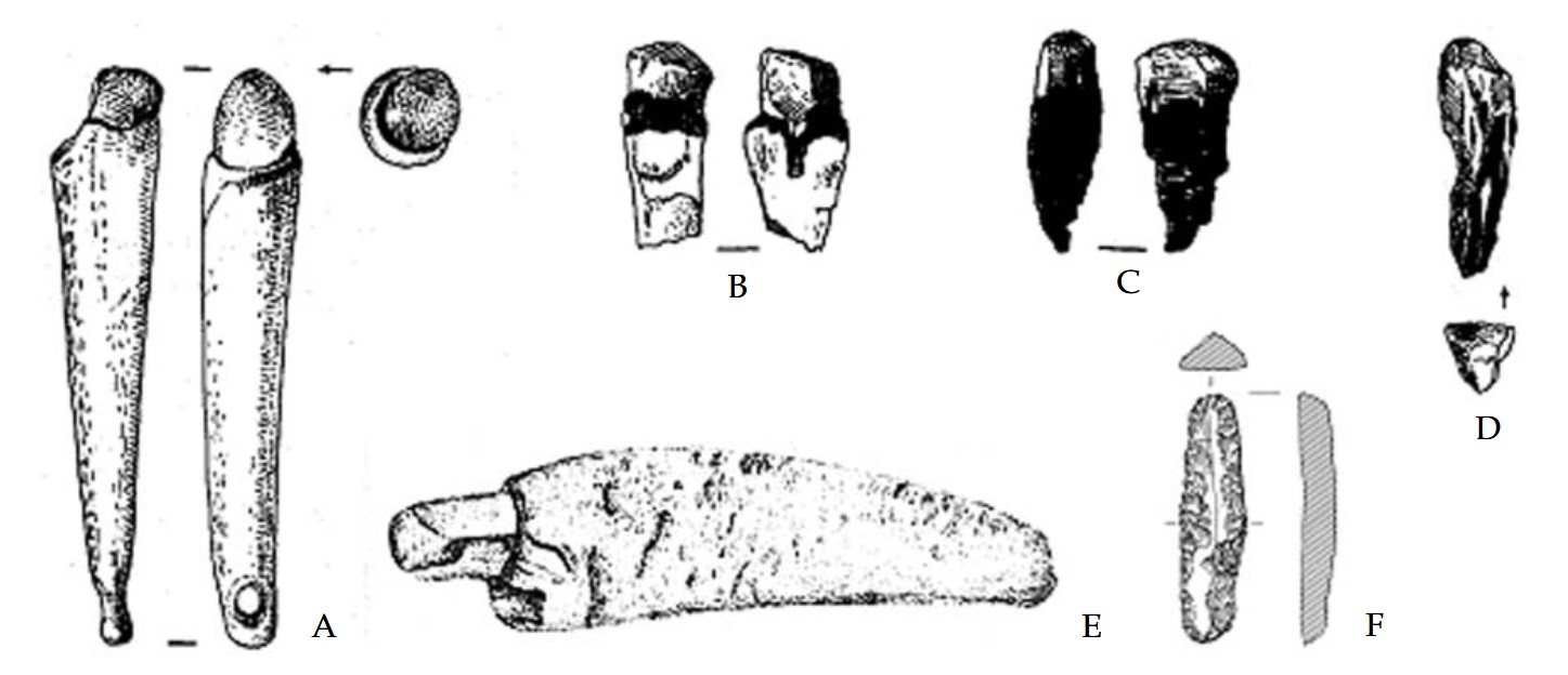 Percussion steels: steels found in the palafitte of Isolino di Varese: Steel composed of a lithic element inserted in a helve (A); steel with a handle whose handle is partly missing (B); Lithic elements with gluing paste (C; D). Steel found in Tomb nr 40 in the Necropolis of Remedello under a tool made of a sort of small flint nucleus with the head levelled and smoothed by the use, inserted in a handle, 63 mm long, made from horns of deer. The lithic side is 42 mm long, while the maximum diameter of the head is 20 mm wide and the base is 19 mm (E); Scraping tool found in the belt of the Similaun mummy (F).