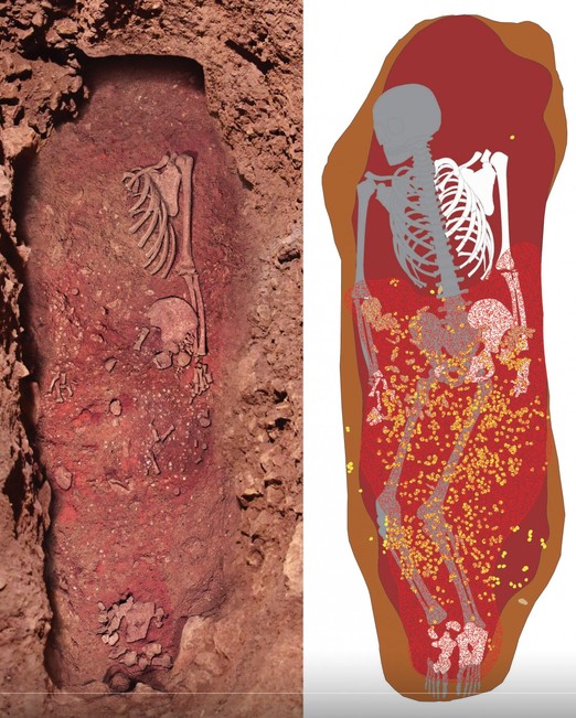 Left: part of the skeleton of 9 during excavation. Right: reconstructive hypothesis of the probable position of the skeleton before disturbance, with the rich ornamentation and ochre.