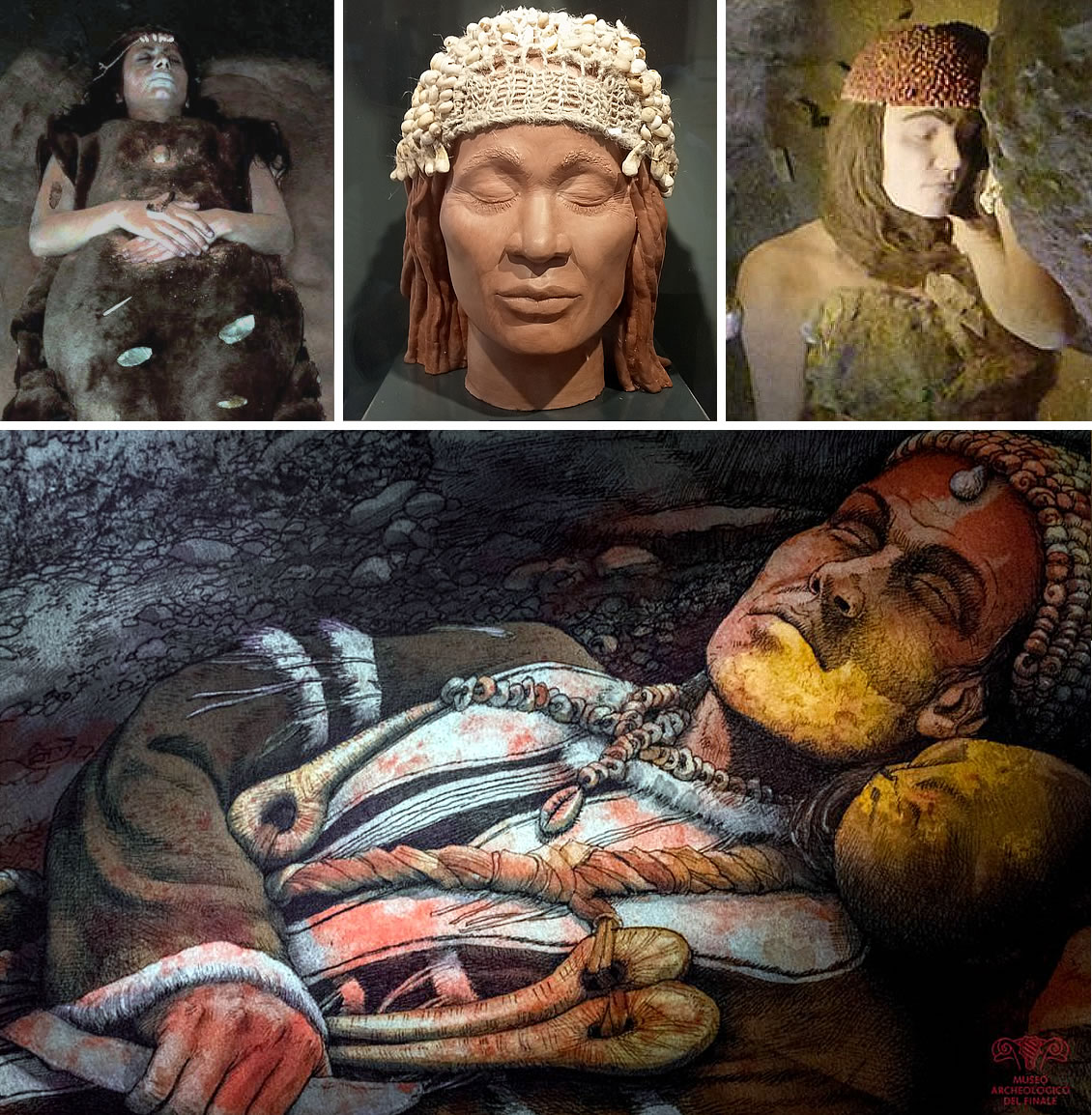 Facial reconstructions of the Woman of Paglicci, the Woman of Caviglione, the Woman of Ostuni, and the so-called Prince of Arene Candide, all of whom lived within a timeframe ranging from 28,000 to 23,000 years ago.