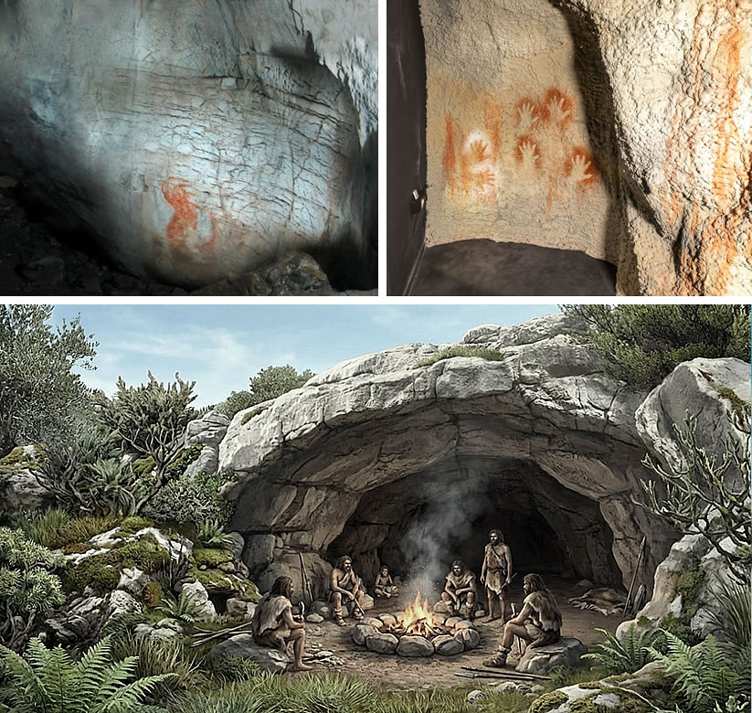 Five handprints and horses painted with ochre on the walls, Paglicci Cave.
