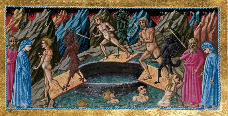 8th circle, the Malebolge. Ruffians scourged, adulators plunged into the mire (Divine Comedy, Yates Thompson 36) – Priamo della Quercia. By Giovanni di Paolo di Grazzia or Giovanni dal Poggio (1399 or 1403–1482), 1450.