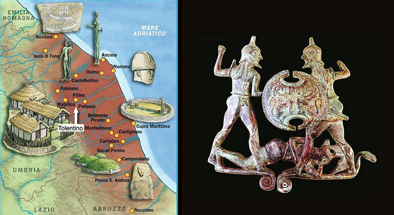 Territory of the Picenes and Laconian-type hydria loop with warriors, from Treia, Oliveriano Museum of Pesaro, second quarter 6th century BC