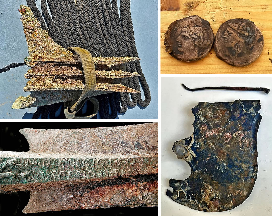 The 27th bronze rostrum, two silver coins, and a cheek-piece from the seabed off Levanzo (Trapani), site of the 241 BC Battle of the Egadi Islands (photo: Sicilian Region)