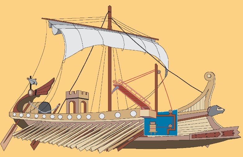 Ship equipped with a Roman corvus – Reconstructive drawing